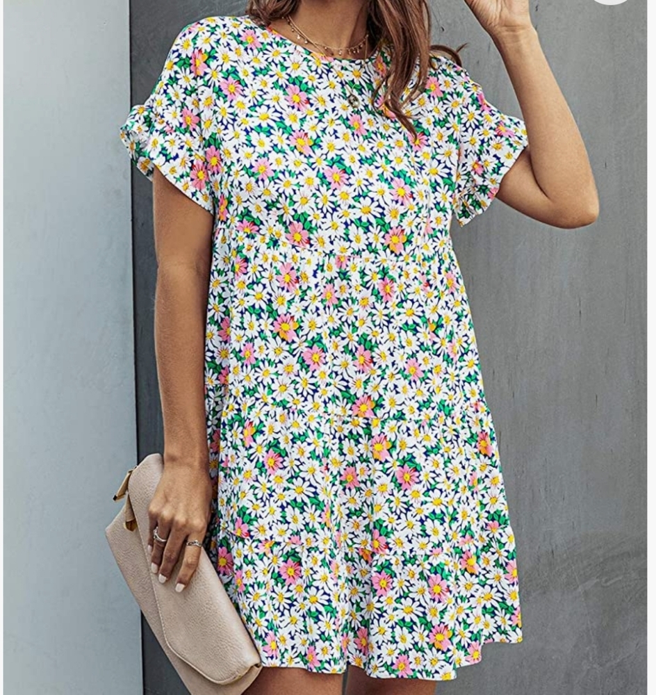 KIRUNDO Summer Floral  Ruffle Mini Dress Short Sleeves Round Neck Size XXL